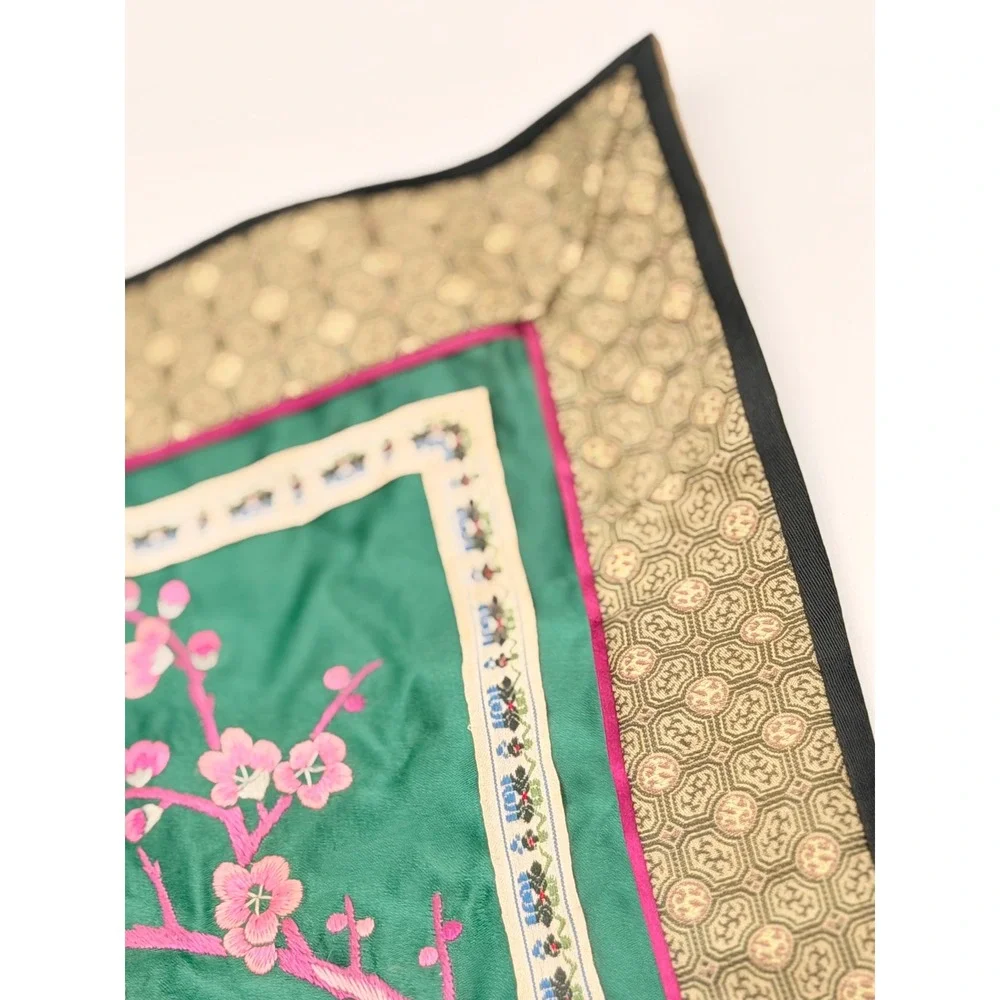 Vintage Chinese Hand Embroidered Silk Textile Bird Cherry Blossom Green 12x12